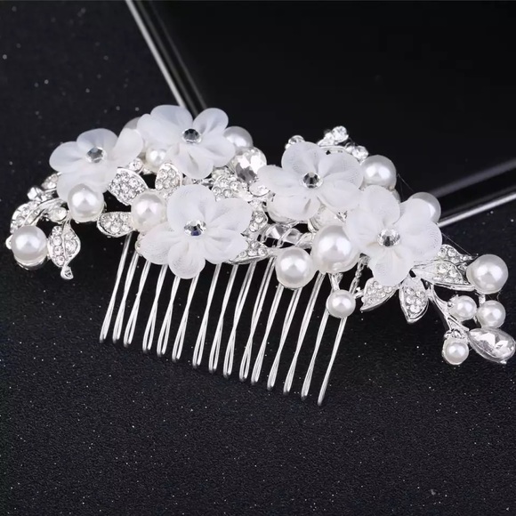 Silk flower hair comb large head piece wedding vine new bling Cz silver - Picture 1 of 3